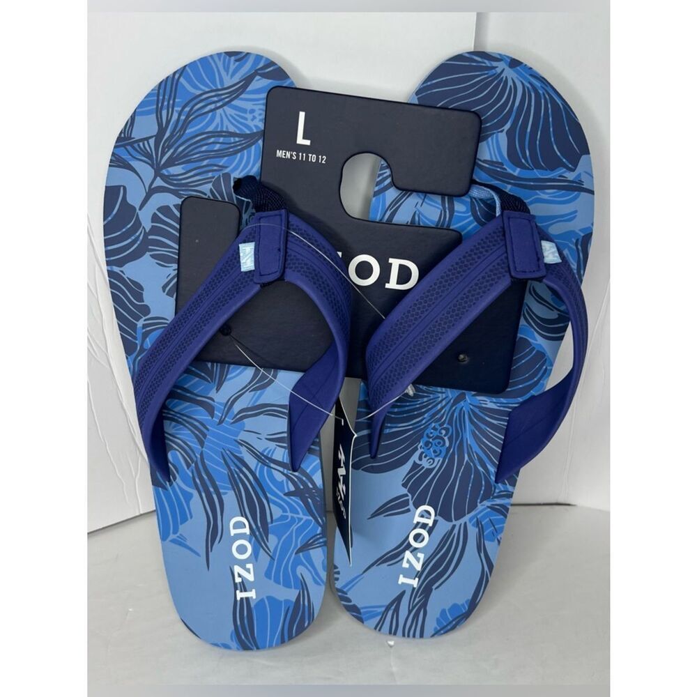 New Izod Navy/Light Blue Tropical Floral Men’s Flip Flops Various Sizes L/M